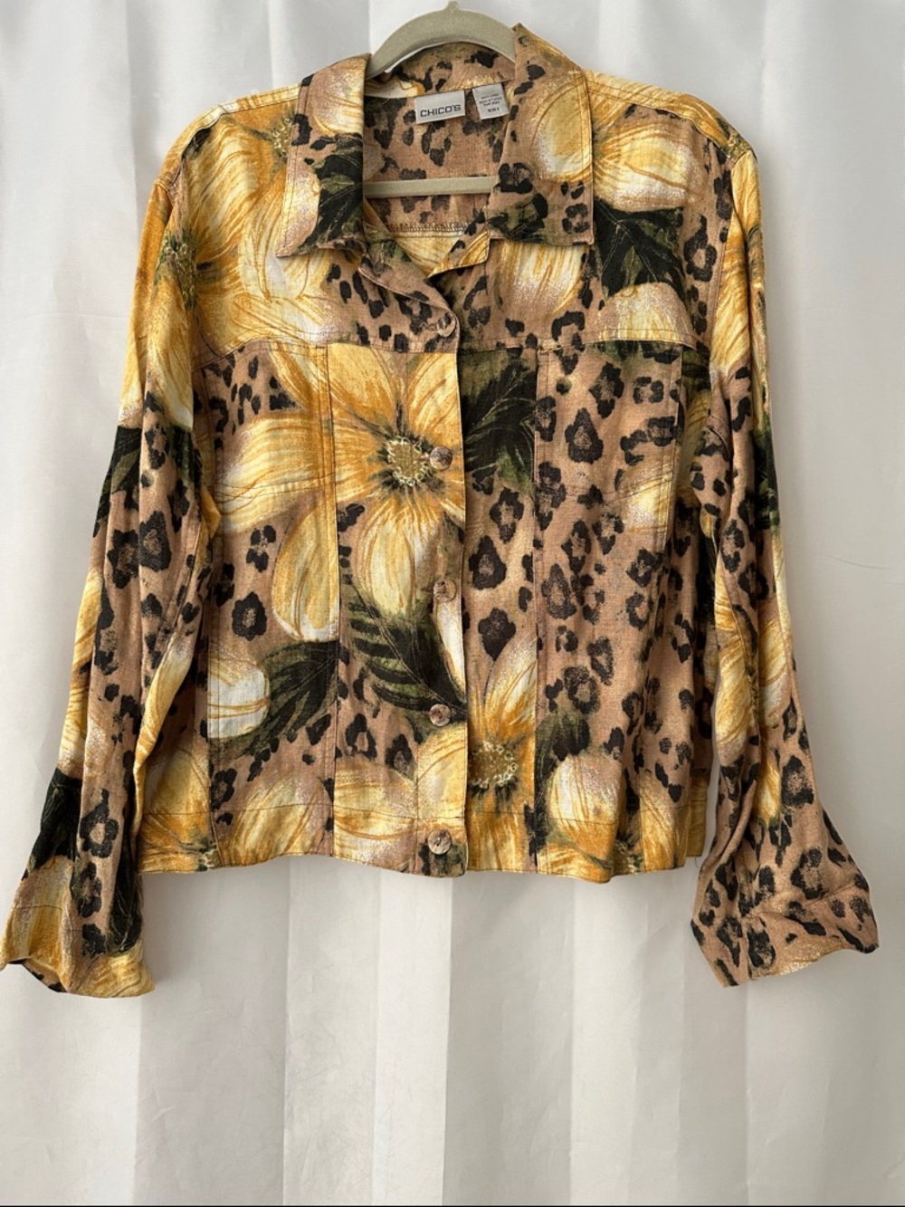 Chico's 3/XL Yellow Floral & Leopard Print Linen Button-Down Long Sleeve Shirt